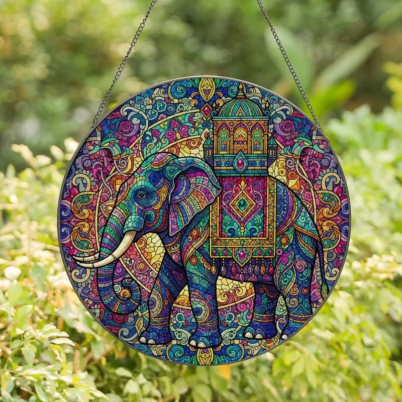 Art Lovers' Tiffany Stained Glass Elephant Palanquin Arabesque Mosaic in Blue Green Pink Gold Purple Stained Glass Suncatcher - 1