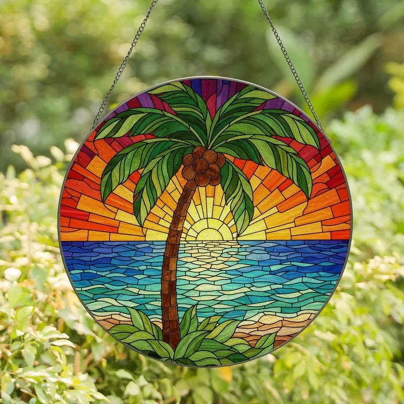 Tropical Art Lovers' Emerald Cerulean Stained Glass Palm Tree Mosaic Beach Sunset Stained Glass Suncatcher - 1