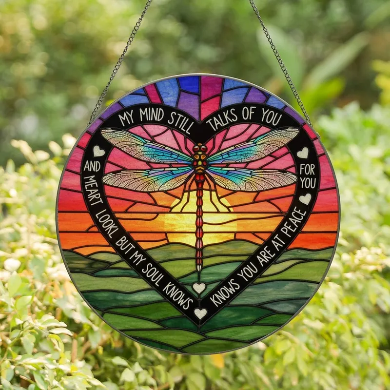 Artisan Style Enthusiasts Vibrant Stained Glass Dragonfly, Tiffany Style Jewel Tones, Mosaic Sunset Sky, Heart Border Stained Glass Suncatcher - 1