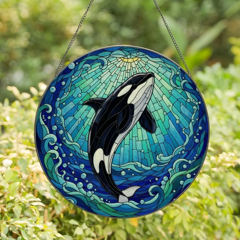 Orca Lovers' Majestic Leaping Orca Tiffany Stained Glass Deep Ocean Mosaic Jewel Tones Stained Glass Suncatcher - 1
