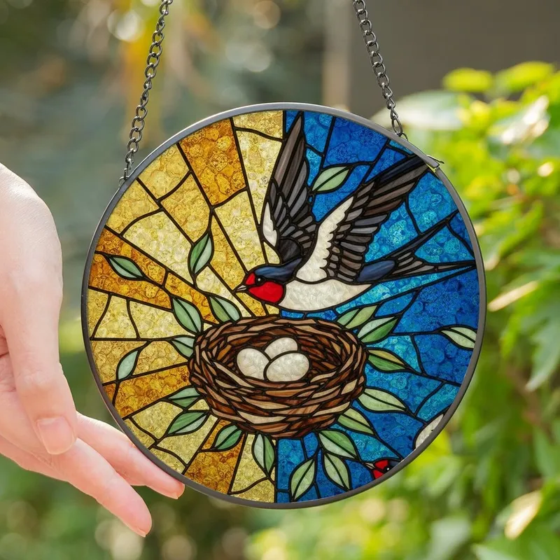 Nature Lovers' Glowing Tiffany Stained Glass Swallow Nest Golden Blue Mosaic Art Stained Glass Suncatcher - Gvi2_sJPGL