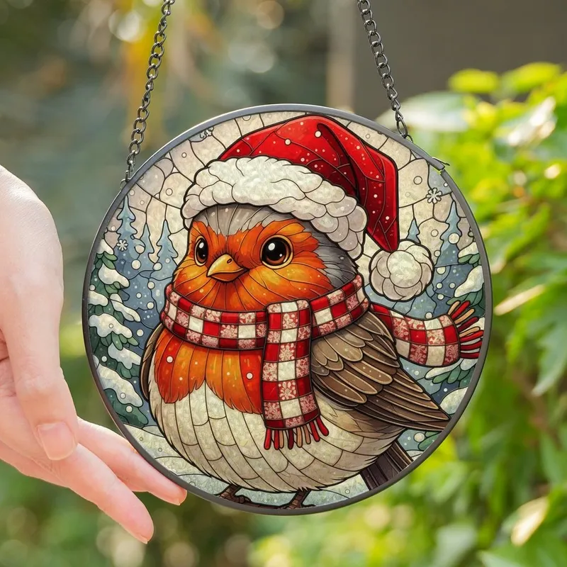 Holiday Enthusiasts' Cute Stained Glass Robin Red Amber Winter Evergreen Mosaic Stained Glass Suncatcher - xKMIjy_pIa