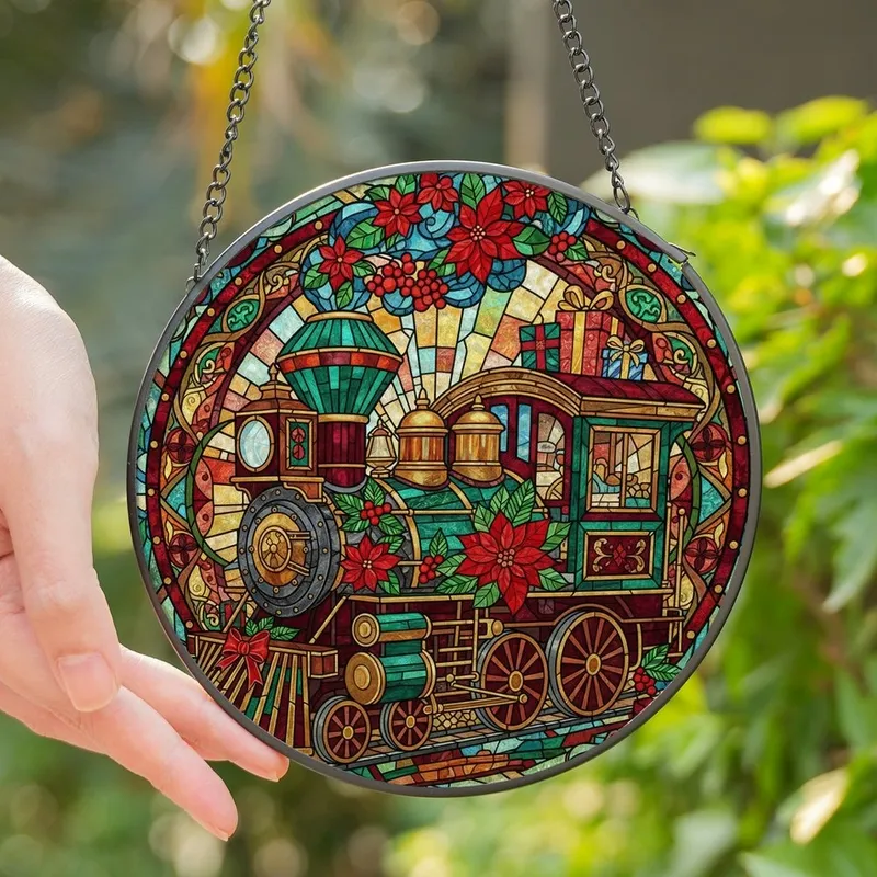 Holiday Art Enthusiasts' Tiffany Stained Glass Vintage Christmas Train Jewel Tone Mosaic Art Stained Glass Suncatcher - 5dN_5tfnze
