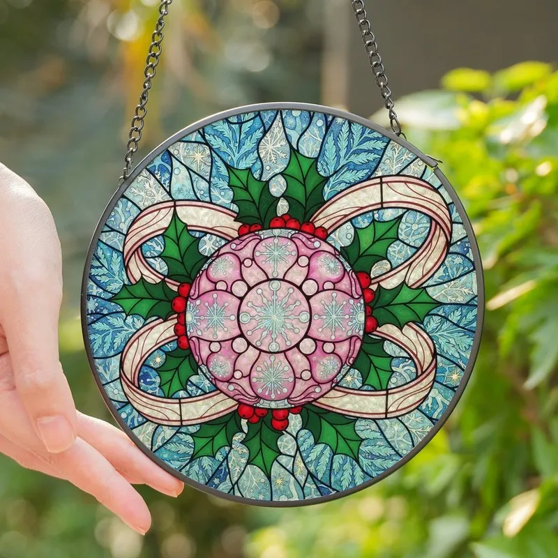 Holiday Enthusiasts' Jewel-Toned Stained Glass Christmas Ornament Design with Pink Starburst, Holly, Berries, Swirling Ice Mosaic Stained Glass Suncatcher - 1