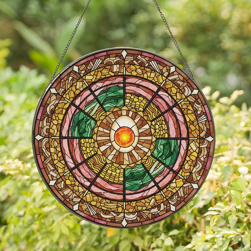 Ramen Lovers' Vibrant Tiffany Glass Ramen Egg Chashu Pork Golden Noodle Veggies Jewel Tone Mosaic Stained Glass Suncatcher - 1