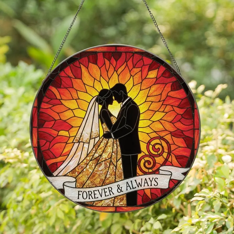 Wedding Celebration Tiffany Stained Glass Bridal Couple Embrace Fiery Orange Red Mosaic Stained Glass Suncatcher - 1