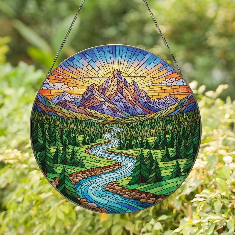 Nature Lovers' Tiffany Stained Glass Mountain River Landscape Vibrant Blue Green Orange Purple Brown Hues Intricate Edge-to-Edge Mosaic Stained Glass Suncatcher - 1