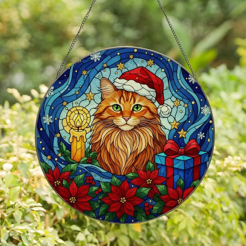 Cat Lovers' Whimsical Stained Glass Orange Tabby Cat Santa Hat Poinsettia Night Sky Mosaic Pattern Stained Glass Suncatcher - 1