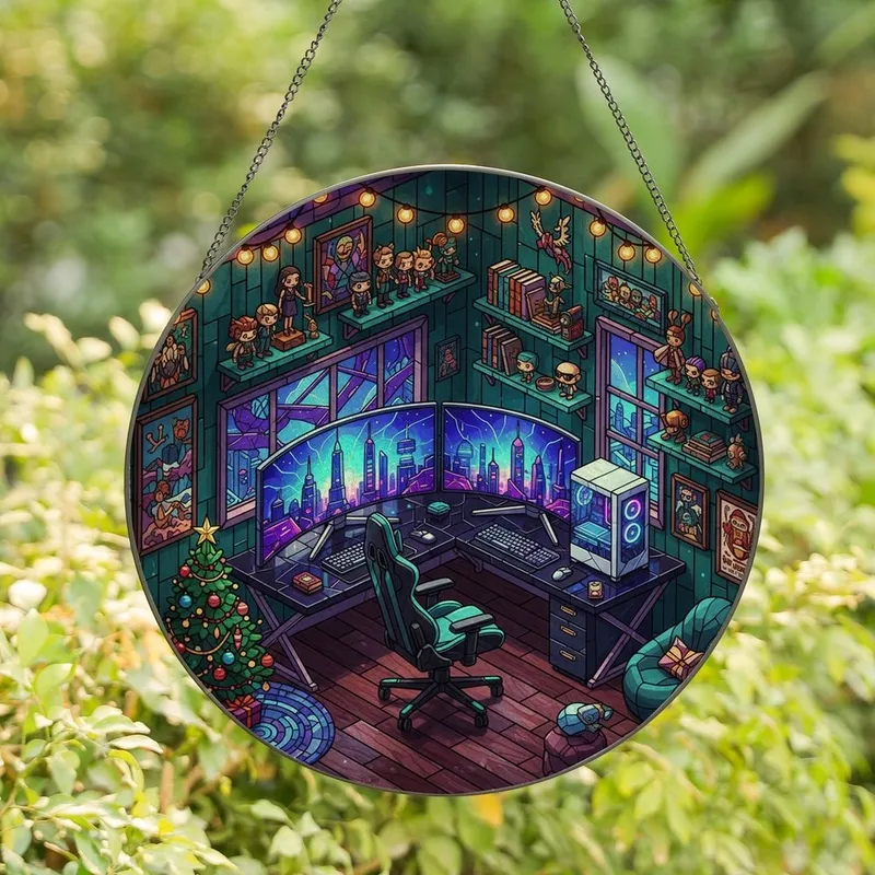 Gaming Enthusiasts' Tiffany Stained Glass Isometric Gaming Setup Vibrant Purple Blue Teal Christmas Scene Stained Glass Suncatcher - uw3-Ew2WDG