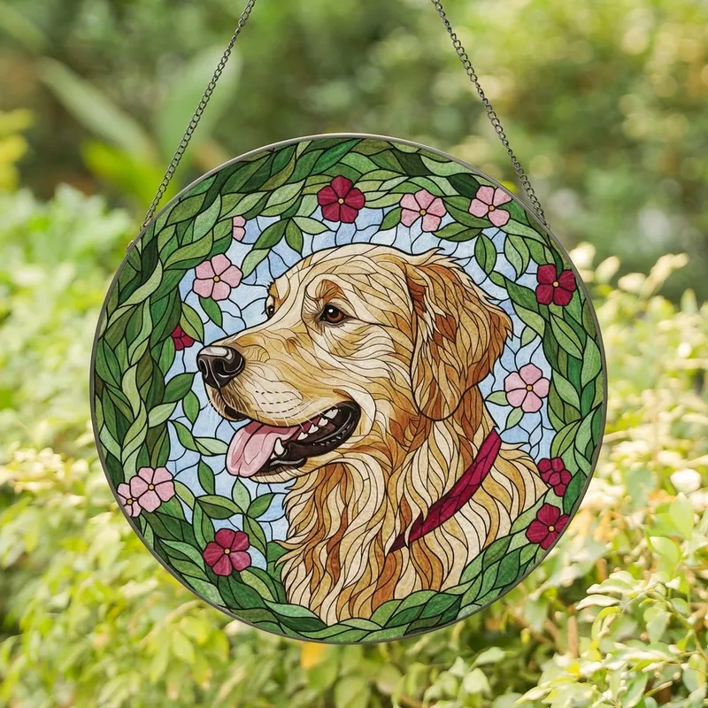 Dog Lovers' High Contrast Golden Retriever Tiffany Stained Glass Floral Mosaic Stained Glass Suncatcher - 0xP9J42N8J