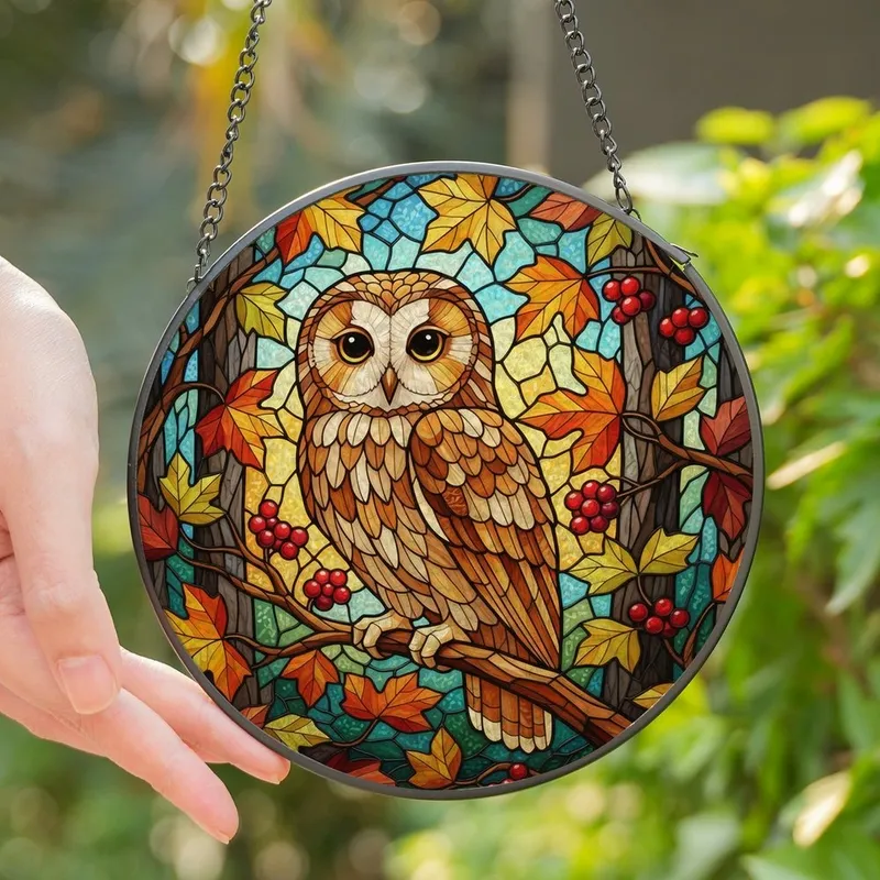Nature Lovers' Intricate Stained Glass Tawny Owl Autumn Foliage Mosaic Jewel Tones Golden Emerald Burgundy Stained Glass Suncatcher - Mkq79rQiCG