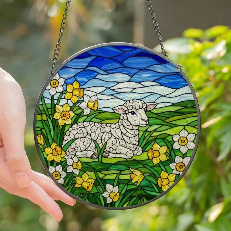 Nature Lovers' Tiffany Stained Glass Fluffy White Lamb Golden Daffodil Green Meadow Mosaic Sky Stained Glass Suncatcher - 1