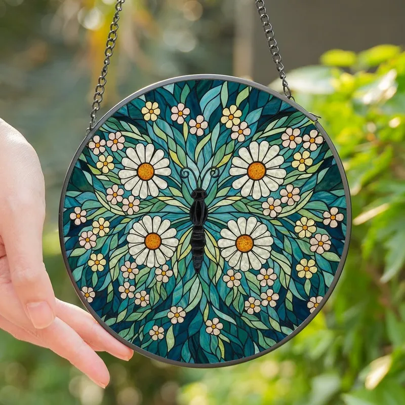 Nature Lovers' Vibrant Tiffany Stained Glass Butterfly Daisy Blossom Floral Mosaic Teal Blue Design Stained Glass Suncatcher - 1