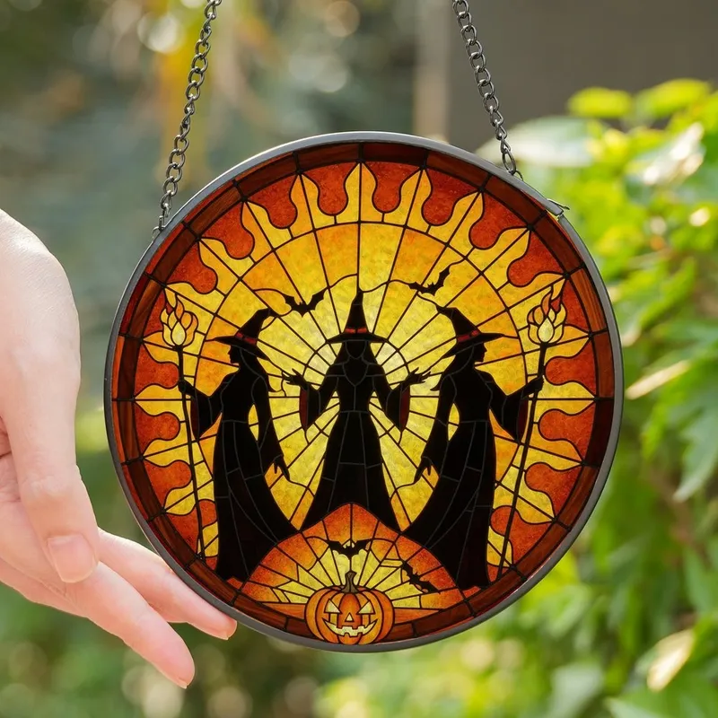 Fantasy Art Enthusiasts' Glowing Orange Yellow Black Tiffany Glass Silhouetted Witches Jack-O'-Lantern Bat Mosaic Stained Glass Suncatcher - 1