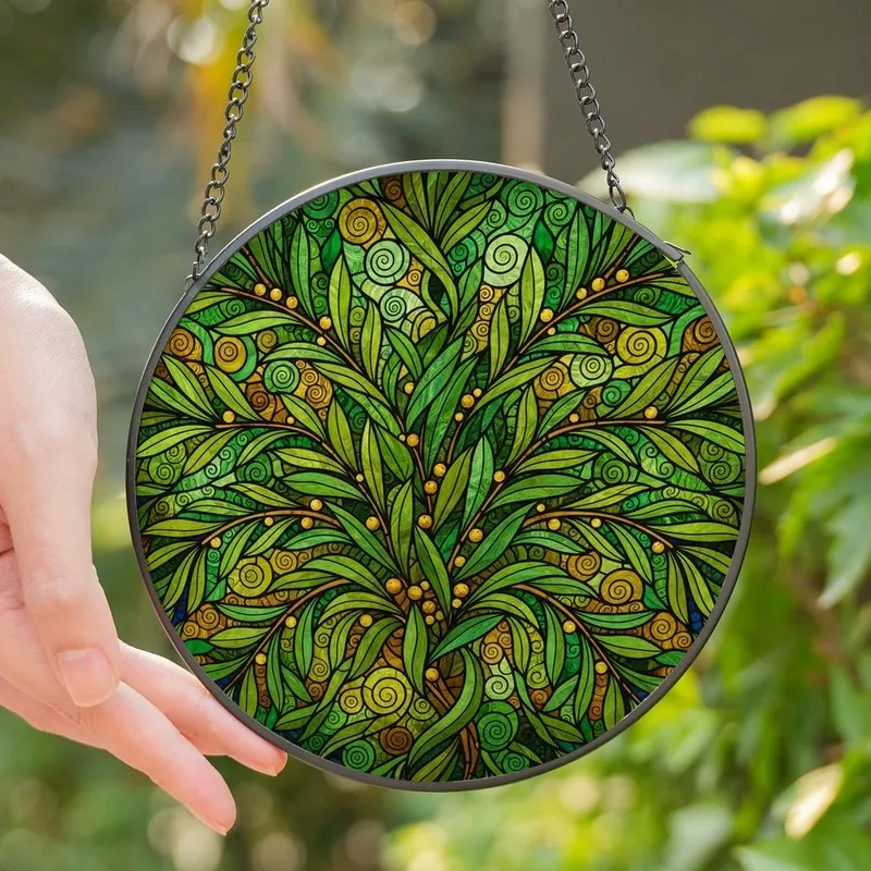 Art Lovers' Vibrant Stained Glass Olive Branch Emerald Gold Intricate Mosaic Pattern Stained Glass Suncatcher - 1