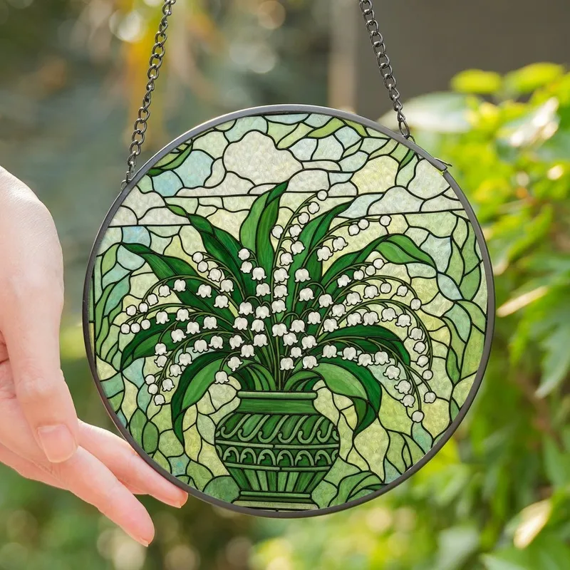 Nature Enthusiasts' Vibrant Tiffany Stained Glass Lily of the Valley Bouquet Emerald Green Jewel Tone Stained Glass Suncatcher - 1