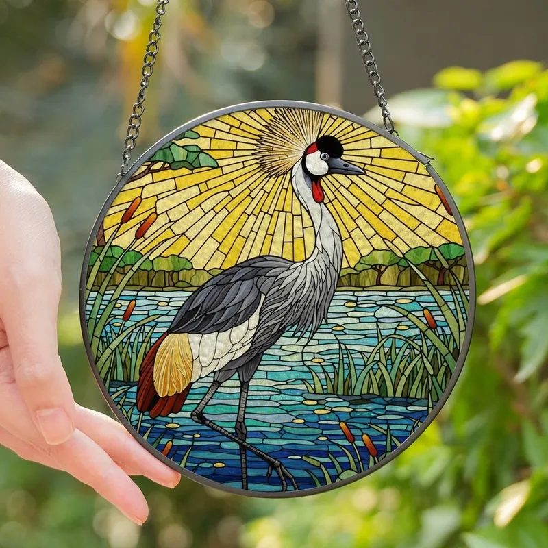 Nature Lovers' Tiffany Style Stained Glass Grey Crowned Crane Wetlands Mosaic Amber Orange Yellow Stained Glass Suncatcher - 1