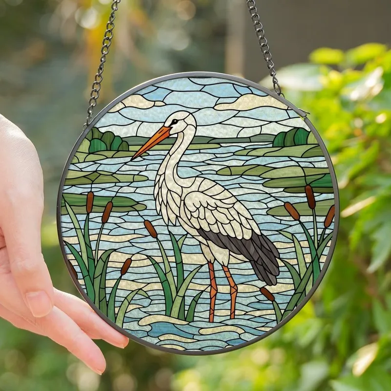 Nature Lovers' Tiffany Stained Glass Stork Marshland Mosaic Emerald Green Orange Cream Stained Glass Suncatcher - 1