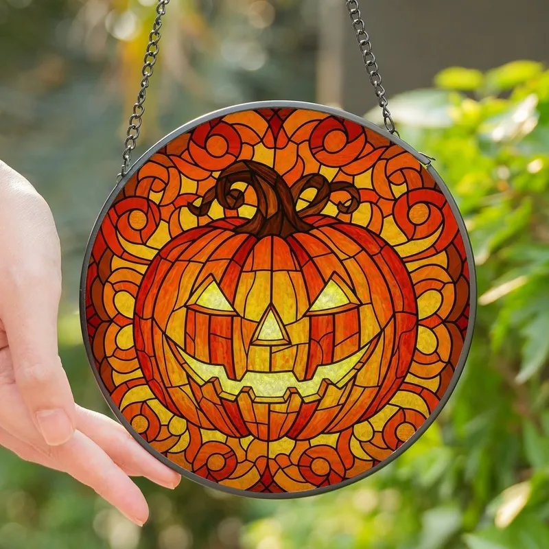 Halloween Enthusiasts' Intricate Jack-o'-Lantern Stained Glass Art in Glowing Orange, Yellow, Amber-Red Stained Glass Suncatcher - 1