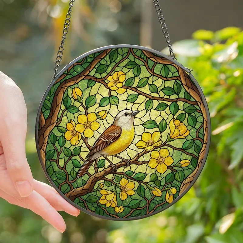 Nature Lovers' Intricate Jewel Tone Stained Glass Songbird, Vibrant Yellow Flowers, Emerald Foliage Mosaic Stained Glass Suncatcher - 1