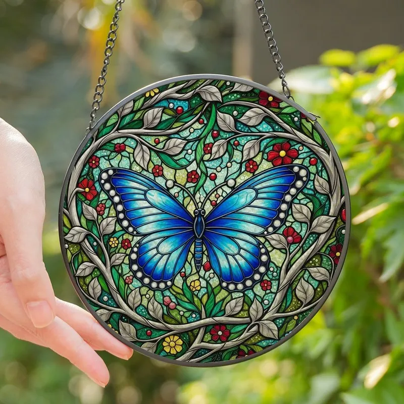 Nature Lovers' Vibrant Blue Butterfly Tiffany Stained Glass Jewel Tone Floral Mosaic Stained Glass Suncatcher - RRhcdJAFhY