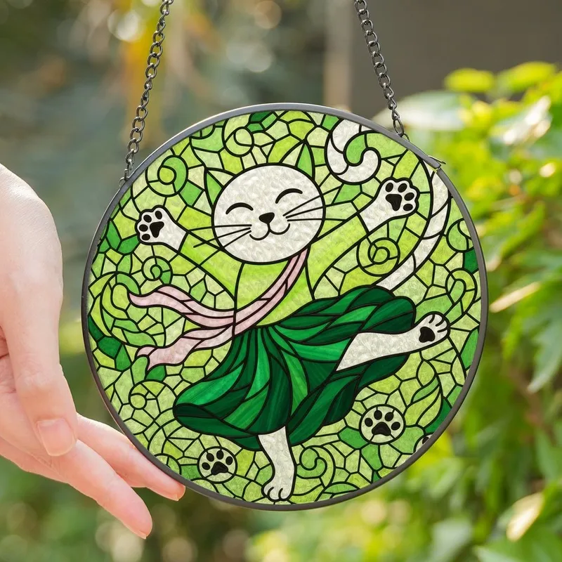 Cat Lovers' Whimsical Stained Glass Dancing Cat Vibrant Lime Green Pink Forest Green Mosaic Art Stained Glass Suncatcher - 1