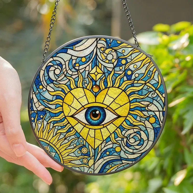 Art Lovers' Vibrant Yellow & Cobalt Blue Stained Glass Seeing Eye Heart Cosmic Mandala Pattern Stained Glass Suncatcher - npeaa6fe7h