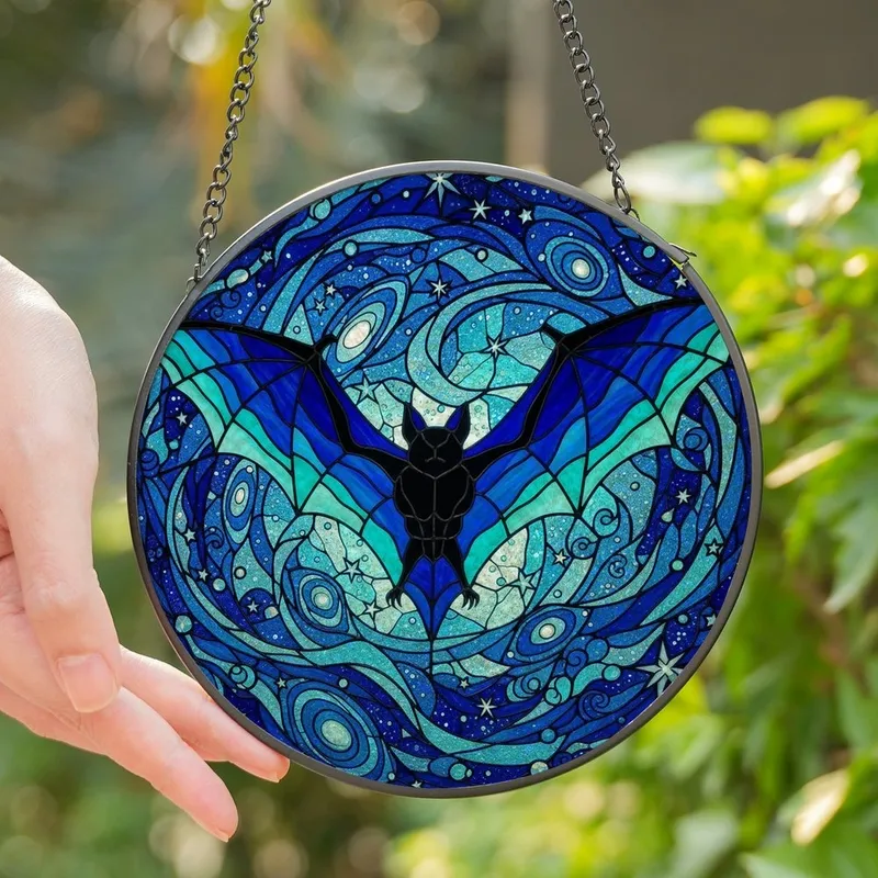 Mystical Art Enthusiasts' Intricate Stained Glass Bat Teal Blue Celestial Mosaic Stained Glass Suncatcher - 1
