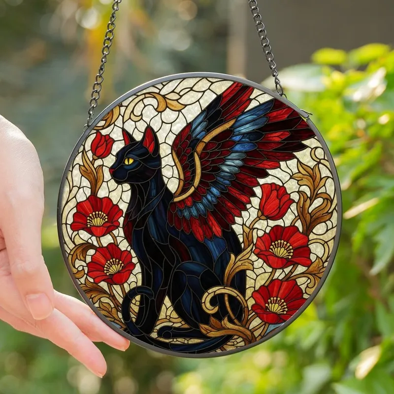 Cat Lovers' Ornate Tiffany Stained Glass Black Winged Cat Red Poppies Golden Amber Floral Mosaic Stained Glass Suncatcher - 1