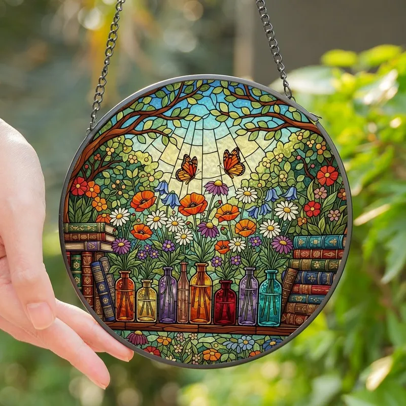 Nature Lovers' Intricate Stained Glass Wildflower Bouquet Jewel Tone Garden Mosaic Butterflies Stained Glass Suncatcher - 4Uwj98p7QS