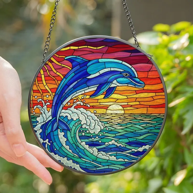 Ocean Lovers' Majestic Dolphin Stained Glass Tiffany Jewel Tone Sunset Mosaic Stained Glass Suncatcher - OH9tpAUKf4