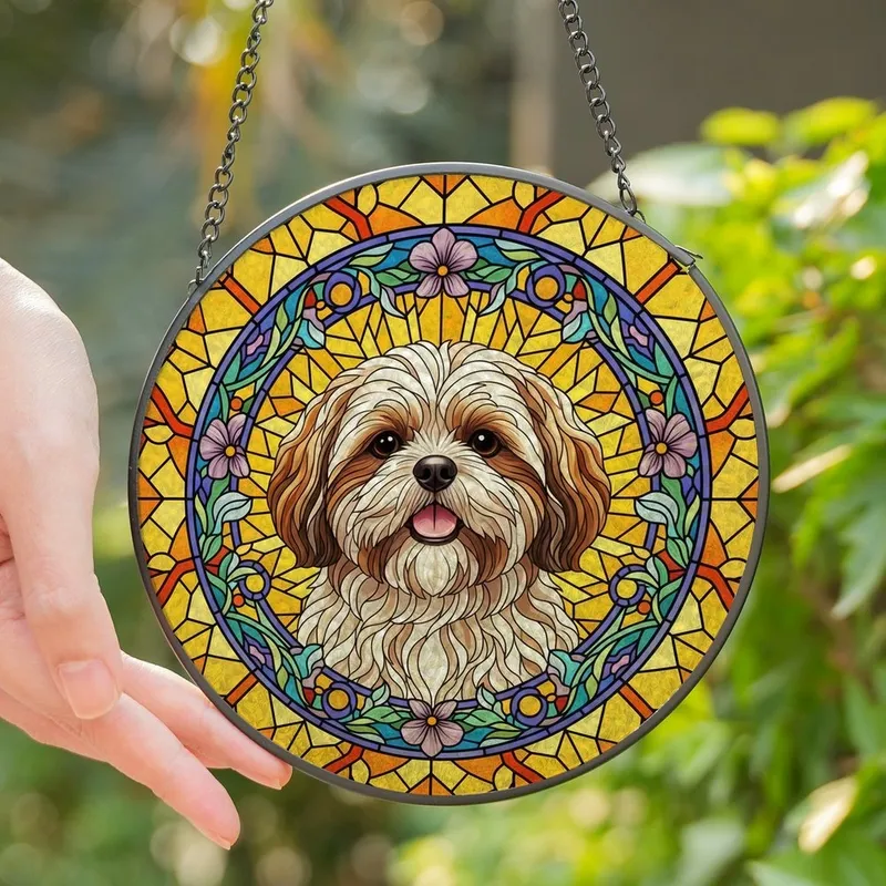 Shih Tzu Lovers' Happy Fluffy Shih Tzu Dog Tiffany Stained Glass Jewel Tone Golden Mosaic Floral Stained Glass Suncatcher - myjL86gpR8