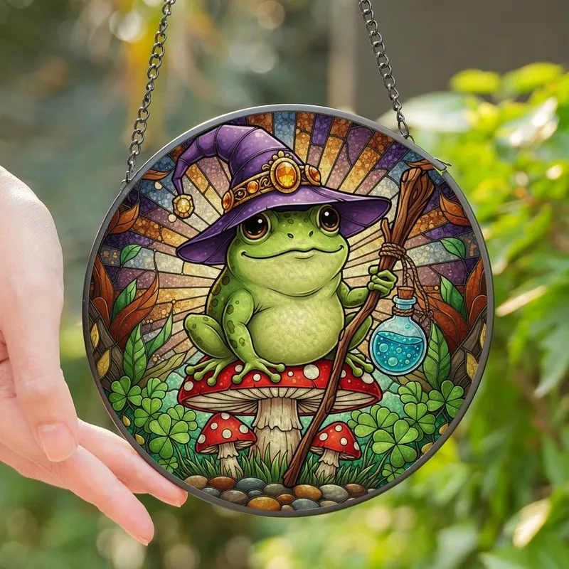 Fantasy Art Enthusiasts' Whimsical Stained Glass Emerald Frog Witch Purple Hat Toadstool Design Stained Glass Suncatcher - 1