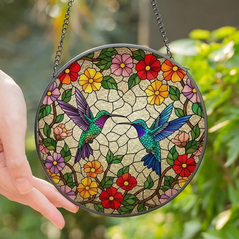 Nature Lovers' Vibrant Tiffany Stained Glass Hummingbirds & Floral Mosaic in Iridescent Jewel Tones Stained Glass Suncatcher - cBrUvmNSOb