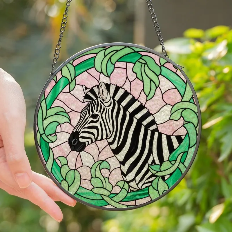 Wildlife Art Enthusiasts' Tiffany Style Stained Glass Zebra Head Profile Pink Mosaic Emerald Green Foliage Stained Glass Suncatcher - 1