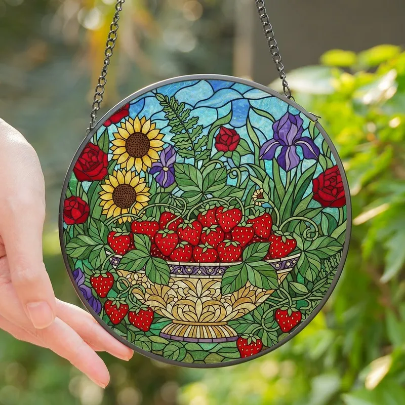Art Enthusiasts' Tiffany Glass Ruby Red Strawberry Emerald Green Mosaic Garden Sky Stained Glass Suncatcher - 1