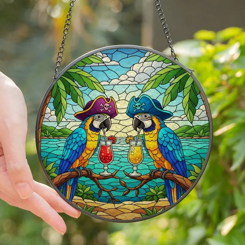Exotic Art Admirers' Jewel Tone Stained Glass Macaw Pirate Cocktails Island Art Stained Glass Suncatcher - HVqVChbjB-