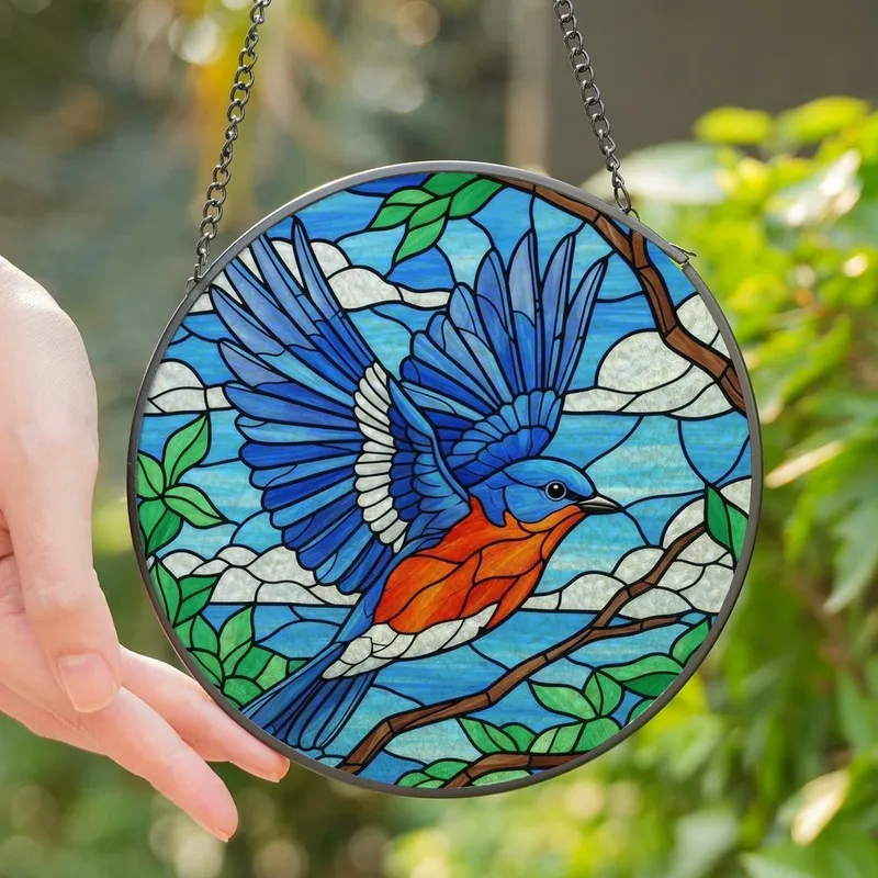 Nature Lovers' Tiffany Style Bluebird Flight Intricate Stained Glass Mosaic Cerulean Blue & Orange Stained Glass Suncatcher - 1