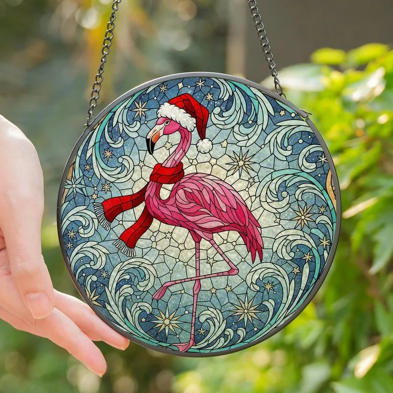 Whimsical Holiday Enthusiasts' Tiffany Glass Flamingo Santa Hat Mosaic Frost Pattern Vibrant Pink Red Stained Glass Suncatcher - 1