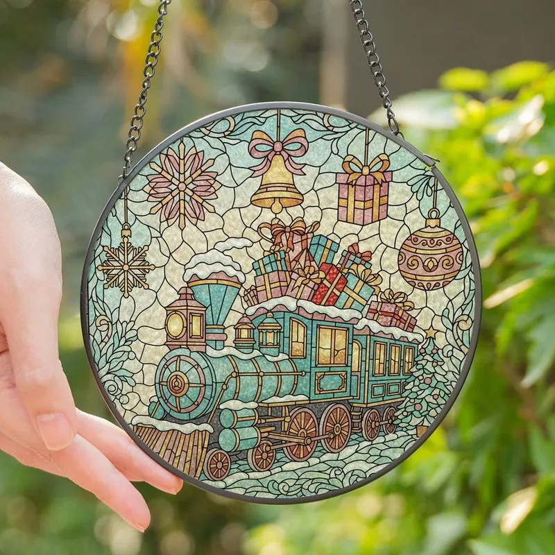 Christmas Enthusiasts' Tiffany Stained Glass Festive Train Ornaments Rose Blue Gold Teal Mosaic Stained Glass Suncatcher - kl-Hv4LtHd