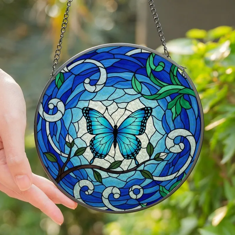 Art Enthusiasts' Intricate Tiffany Stained Glass Azure Butterfly Emerald Sapphire Floral Mosaic Stained Glass Suncatcher - jlAVkWhKK6