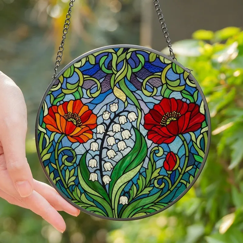 Art Lovers' Vibrant Tiffany Stained Glass Lily of the Valley & Poppy Floral Mosaic Stained Glass Suncatcher - 1