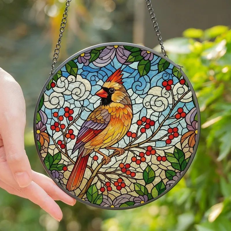 Nature Lovers' Tiffany Style Stained Glass Cardinal, Ruby Red Berries & Golden Orange Foliage Mosaic Stained Glass Suncatcher - 1