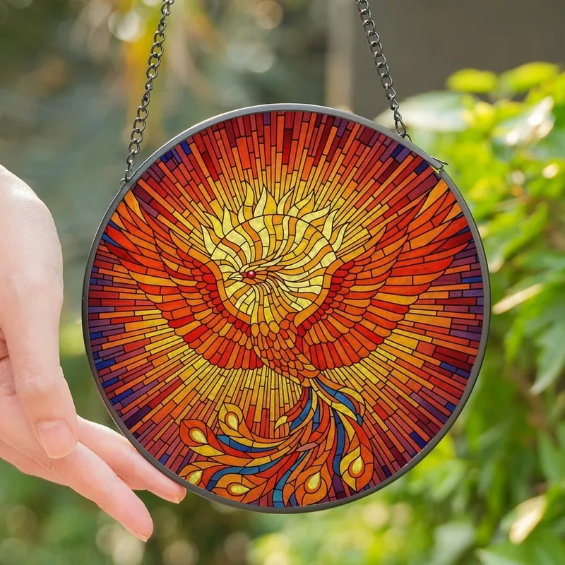 Mythology Art Admirers' Phoenix Rising Tiffany Glass Orange Red Blue Geometric Sunburst Stained Glass Suncatcher - 1