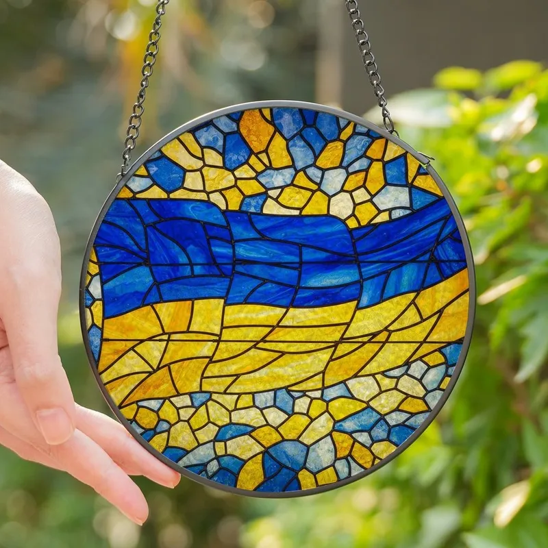 Art Lovers' Stained Glass Tiffany Style Waving Flag Mosaic in Glowing Sky Blue & Sunshine Yellow Jewel Tones Stained Glass Suncatcher - 1