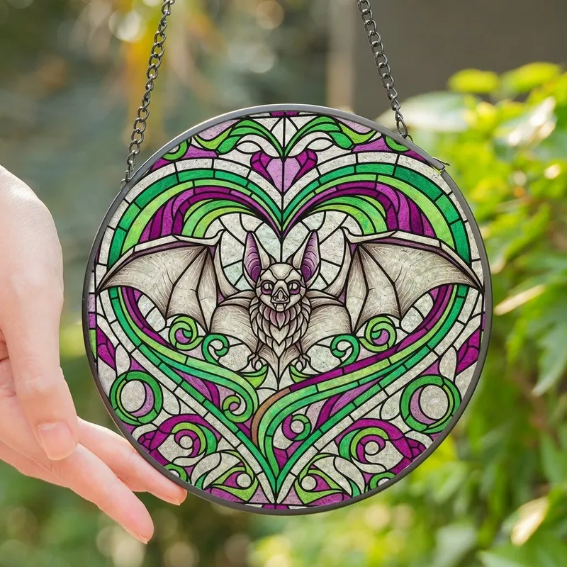 Gothic Style Enthusiasts' Jewel Tone Stained Glass Bat Heart, Iridescent Green Magenta Purple Mosaic Stained Glass Suncatcher - 1
