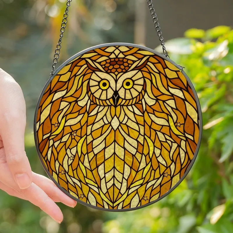 Owl Lovers' Golden Amber Yellow Black Intricate Tiffany Stained Glass Stylized Owl Head Moonlit Forest Mosaic Pattern Stained Glass Suncatcher - 1