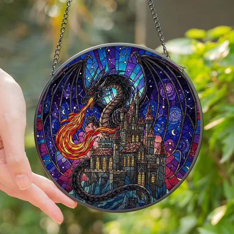 Fantasy Art Lovers' Vibrant Stained Glass Black Dragon Castle Cosmic Jewel Tone Art Stained Glass Suncatcher - 1