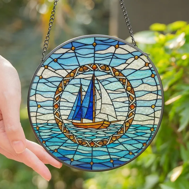 Ocean Lovers' Tiffany Style Stained Glass Sailboat Amber Blue Iridescent Ocean Mosaic Stained Glass Suncatcher - ZKFBhUp00x