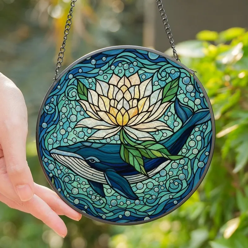 Ocean Lovers' Vibrant Stained Glass Whale & Peony, Emerald Green Teal Jewel Tone Aquatic Mosaic Stained Glass Suncatcher - 1